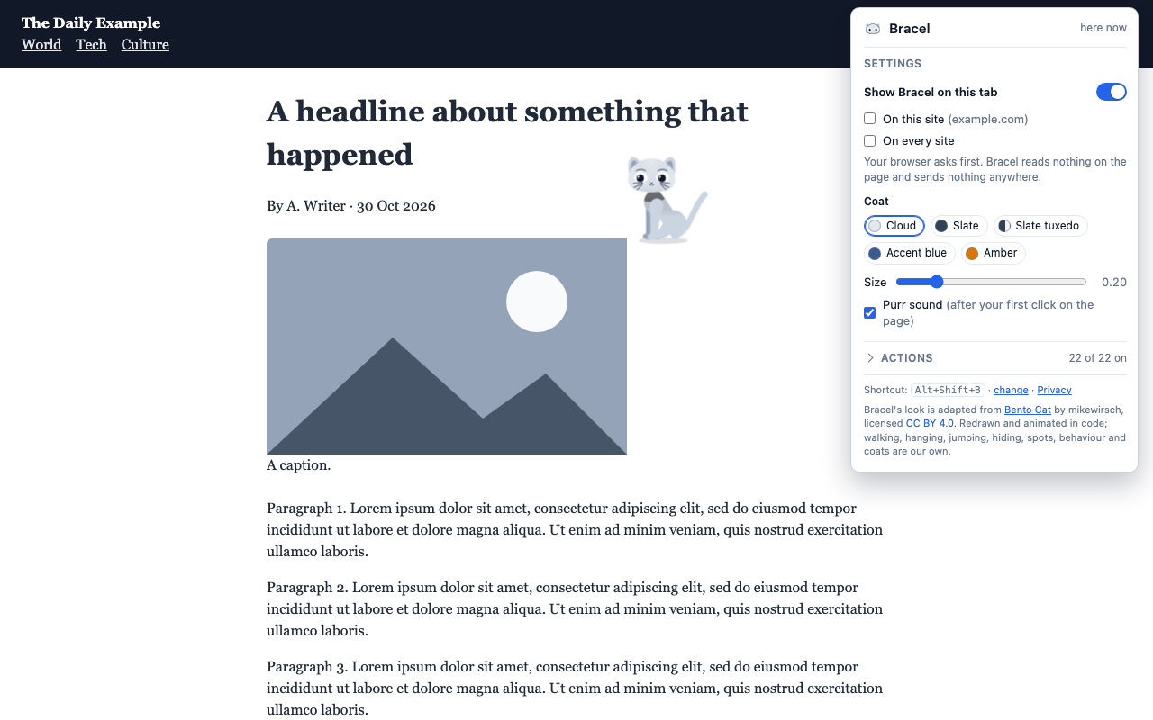Bracel sitting on a picture on a news page, with the Bracel popup open